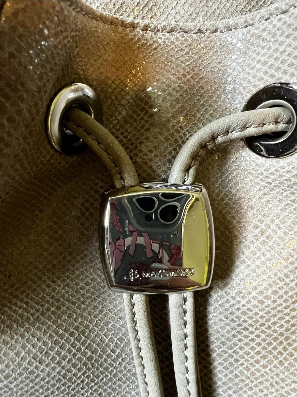 b. makowsky Taupe Pebbled Drawstring middle clasp Crossbody